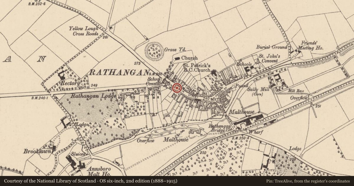 Ordnance Survey six-inch map, 2nd edition (1888–1915) covering the location of Settlement deserted - medieval, Mullantine, Rathangan, County Kildare, with a pin at the register's coordinates