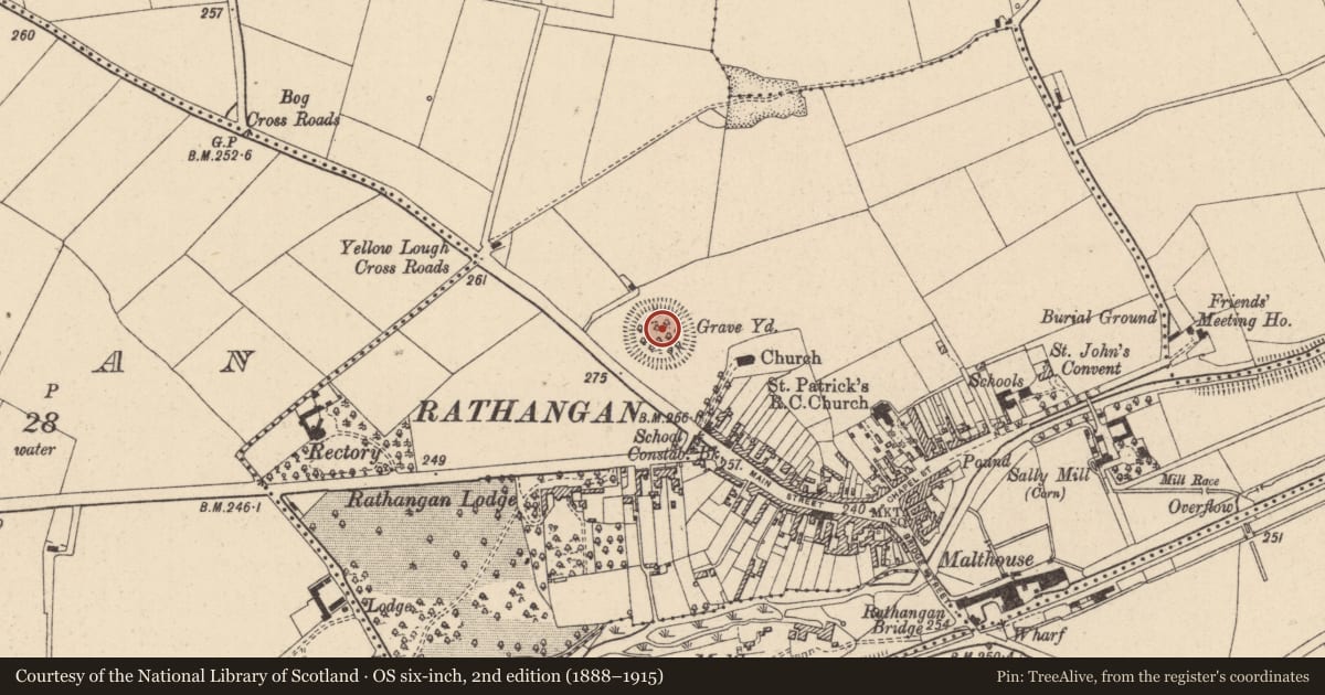 Ordnance Survey six-inch map, 2nd edition (1888–1915) covering the location of Ringfort - rath, Rathangan, County Kildare, with a pin at the register's coordinates