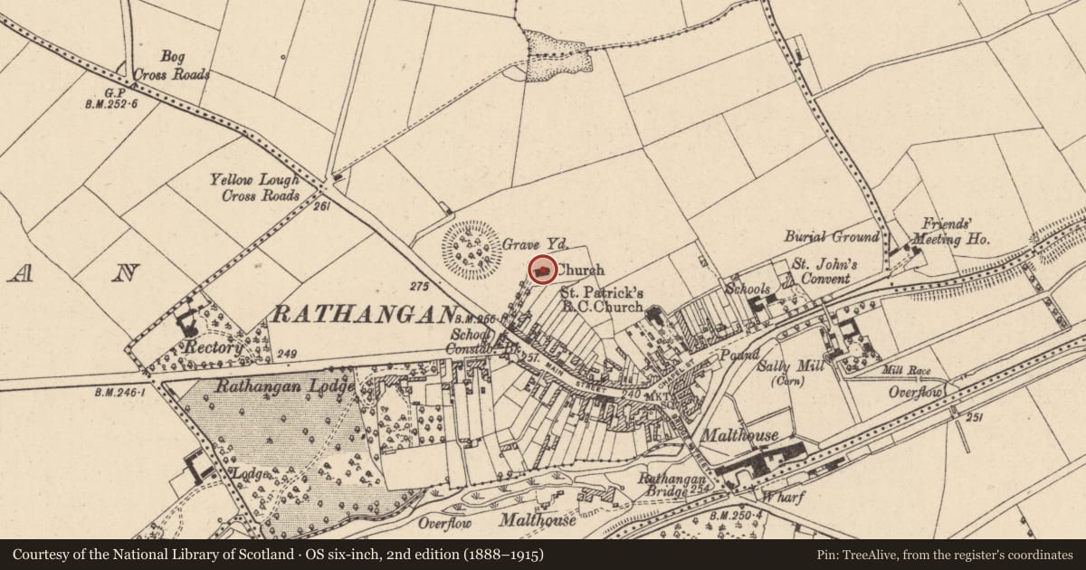 Ordnance Survey six-inch map, 2nd edition (1888–1915) covering the location of Church, Rathangan, County Kildare, with a pin at the register's coordinates