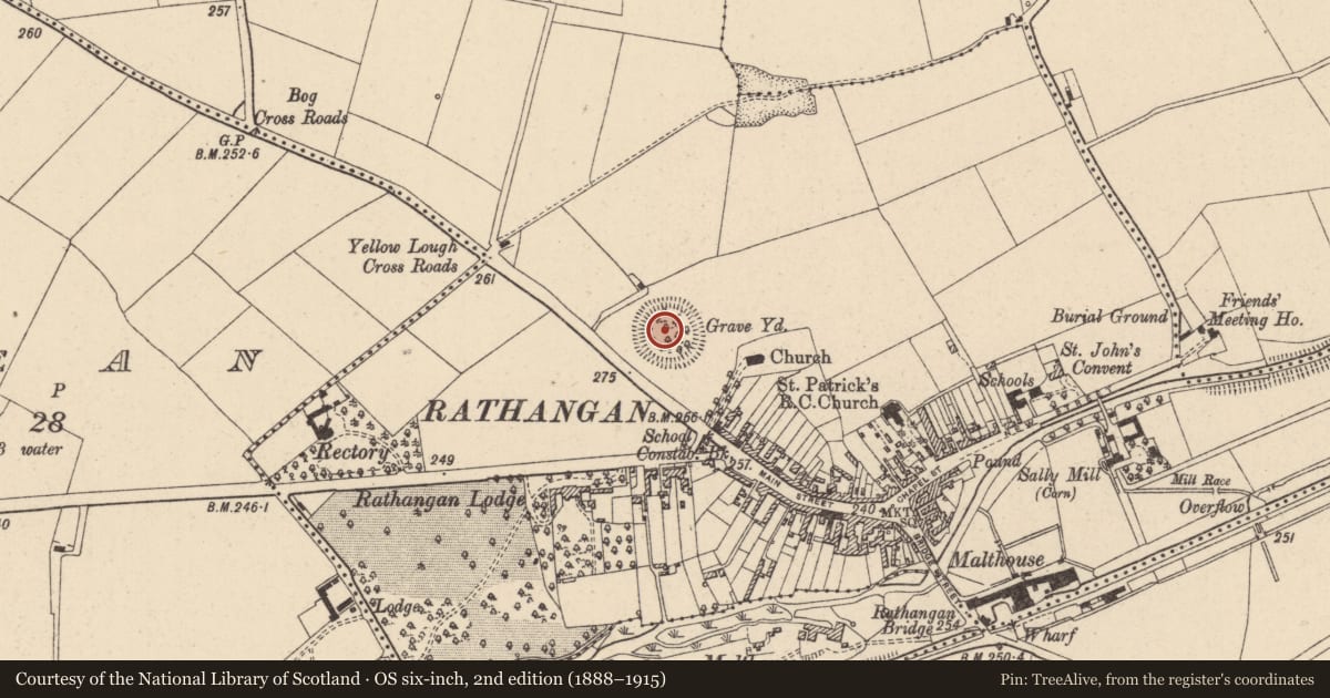 Ordnance Survey six-inch map, 2nd edition (1888–1915) covering the location of Castle - ringwork, Rathangan, County Kildare, with a pin at the register's coordinates