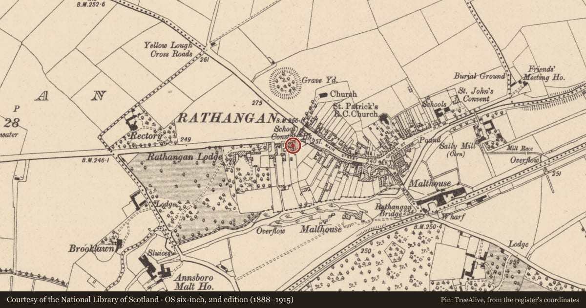 Ordnance Survey six-inch map, 2nd edition (1888–1915) covering the location of Well, Rathangan, County Kildare, with a pin at the register's coordinates