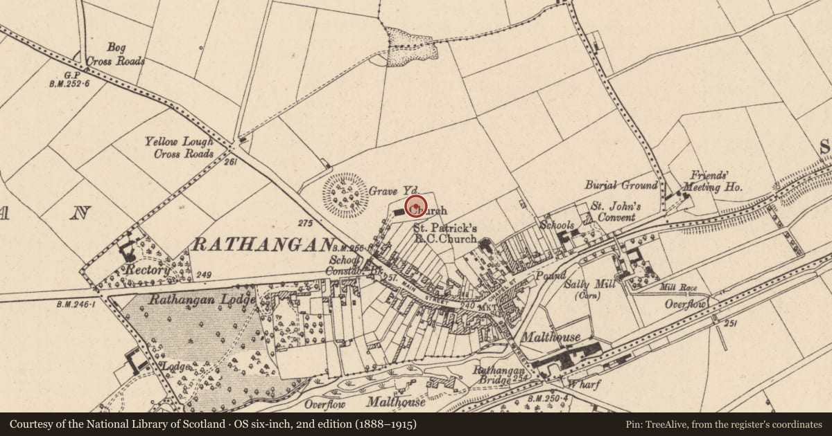 Ordnance Survey six-inch map, 2nd edition (1888–1915) covering the location of Graveyard, Rathangan, County Kildare, with a pin at the register's coordinates