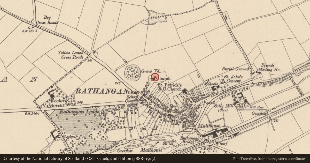 Ordnance Survey six-inch map, 2nd edition (1888–1915) covering the location of Architectural fragment, Rathangan, County Kildare, with a pin at the register's coordinates