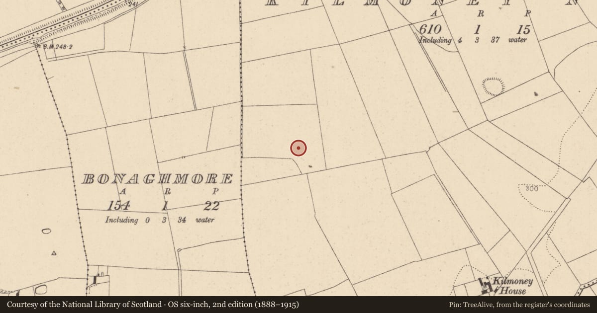 Ordnance Survey six-inch map, 2nd edition (1888–1915) covering the location of Fulacht fia, Kilmoney North, County Kildare, with a pin at the register's coordinates