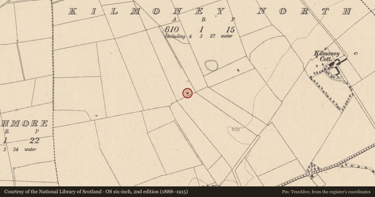 Ordnance Survey six-inch map, 2nd edition (1888–1915) covering the location of Fulacht fia, Kilmoney North, County Kildare, with a pin at the register's coordinates