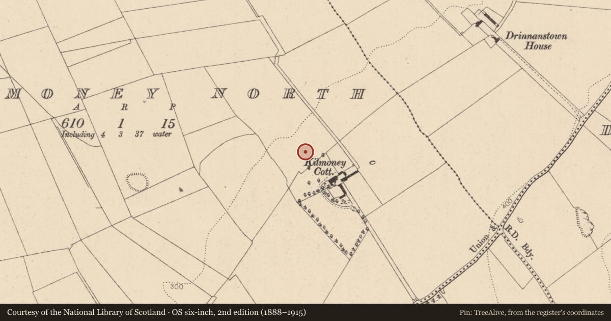 Ordnance Survey six-inch map, 2nd edition (1888–1915) covering the location of Burial, Kilmoney North, County Kildare, with a pin at the register's coordinates