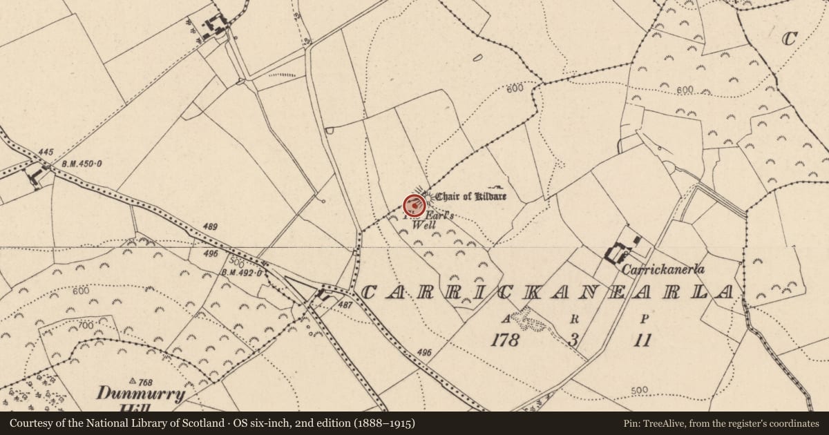 Ordnance Survey six-inch map, 2nd edition (1888–1915) covering the location of Well, Carrickanearla, County Kildare, with a pin at the register's coordinates