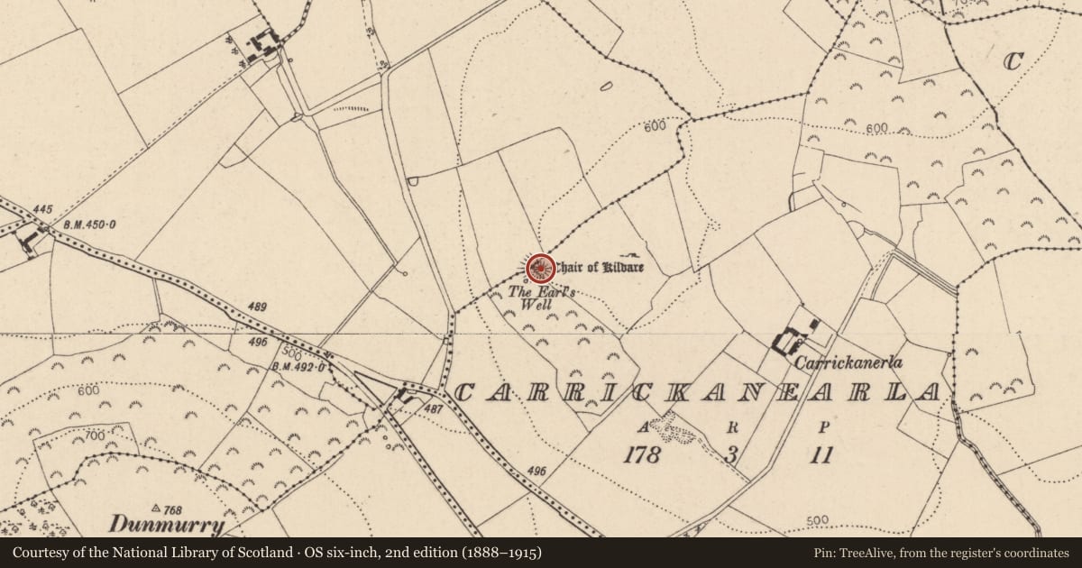 Ordnance Survey six-inch map, 2nd edition (1888–1915) covering the location of Inauguration site, Carrickanearla, County Kildare, with a pin at the register's coordinates
