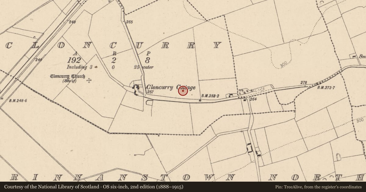 Ordnance Survey six-inch map, 2nd edition (1888–1915) covering the location of Enclosure, Cloncurry, County Kildare, with a pin at the register's coordinates