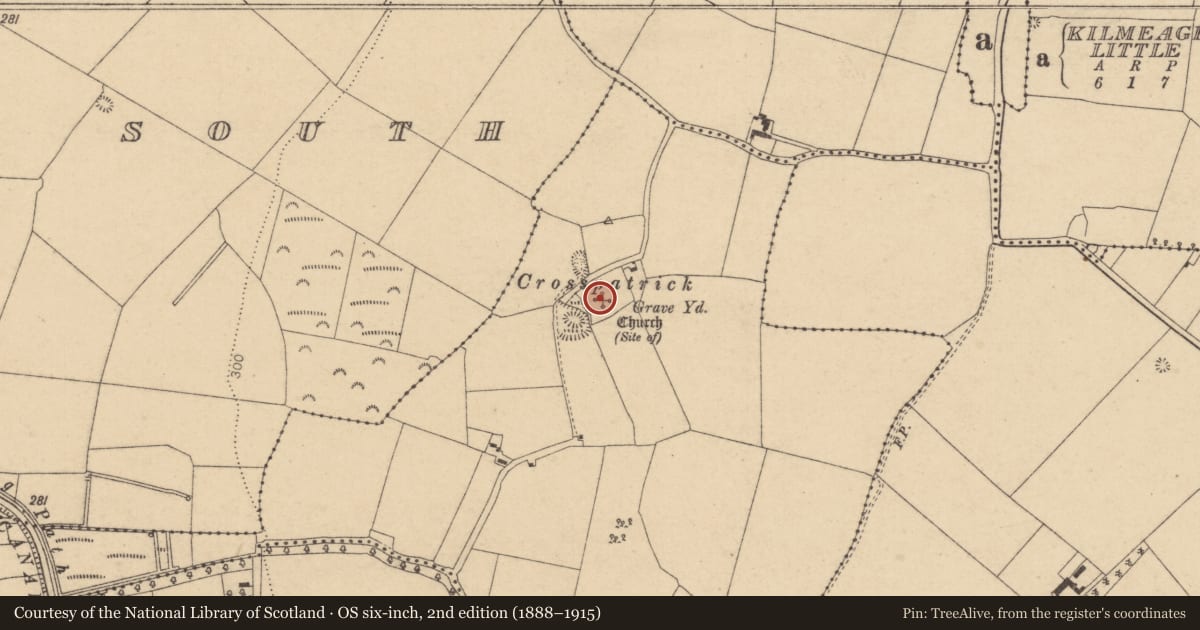 Ordnance Survey six-inch map, 2nd edition (1888–1915) covering the location of Church, Ballintine, County Kildare, with a pin at the register's coordinates