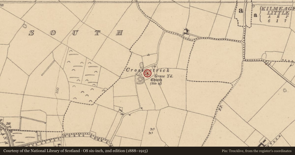 Ordnance Survey six-inch map, 2nd edition (1888–1915) covering the location of Graveyard, Ballintine, County Kildare, with a pin at the register's coordinates