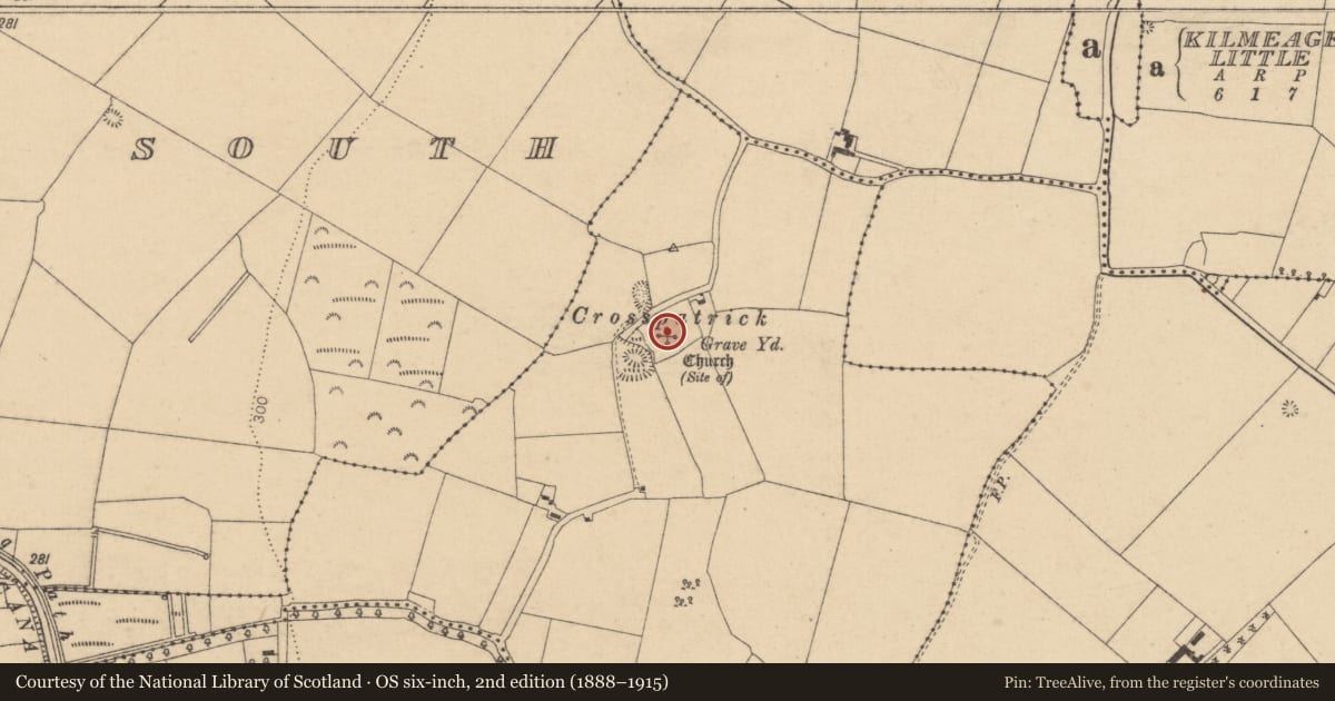 Ordnance Survey six-inch map, 2nd edition (1888–1915) covering the location of Cross-slab, Ballintine, County Kildare, with a pin at the register's coordinates