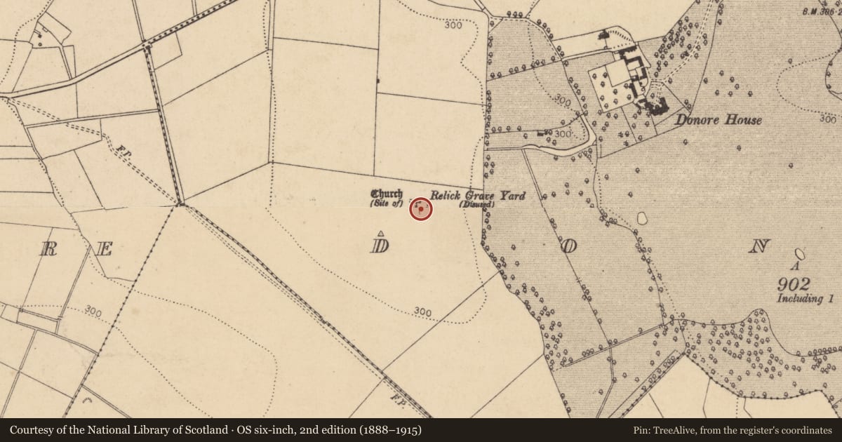 Ordnance Survey six-inch map, 2nd edition (1888–1915) covering the location of Ritual site - holy tree/bush, Donore, County Kildare, with a pin at the register's coordinates