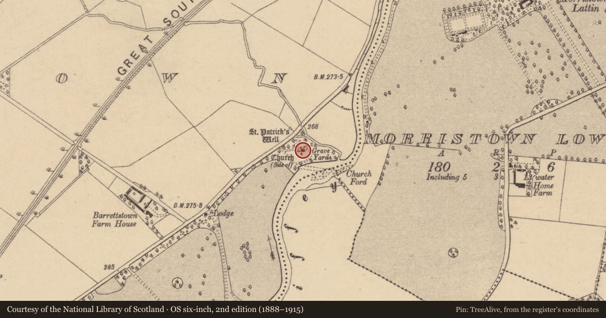 Ordnance Survey six-inch map, 2nd edition (1888–1915) covering the location of Church, Barrettstown, County Kildare, with a pin at the register's coordinates