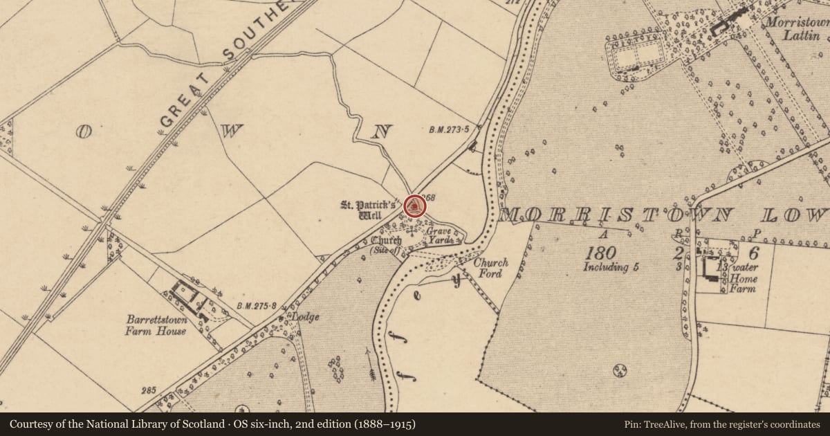 Ordnance Survey six-inch map, 2nd edition (1888–1915) covering the location of Ritual site - holy well, Barrettstown, County Kildare, with a pin at the register's coordinates