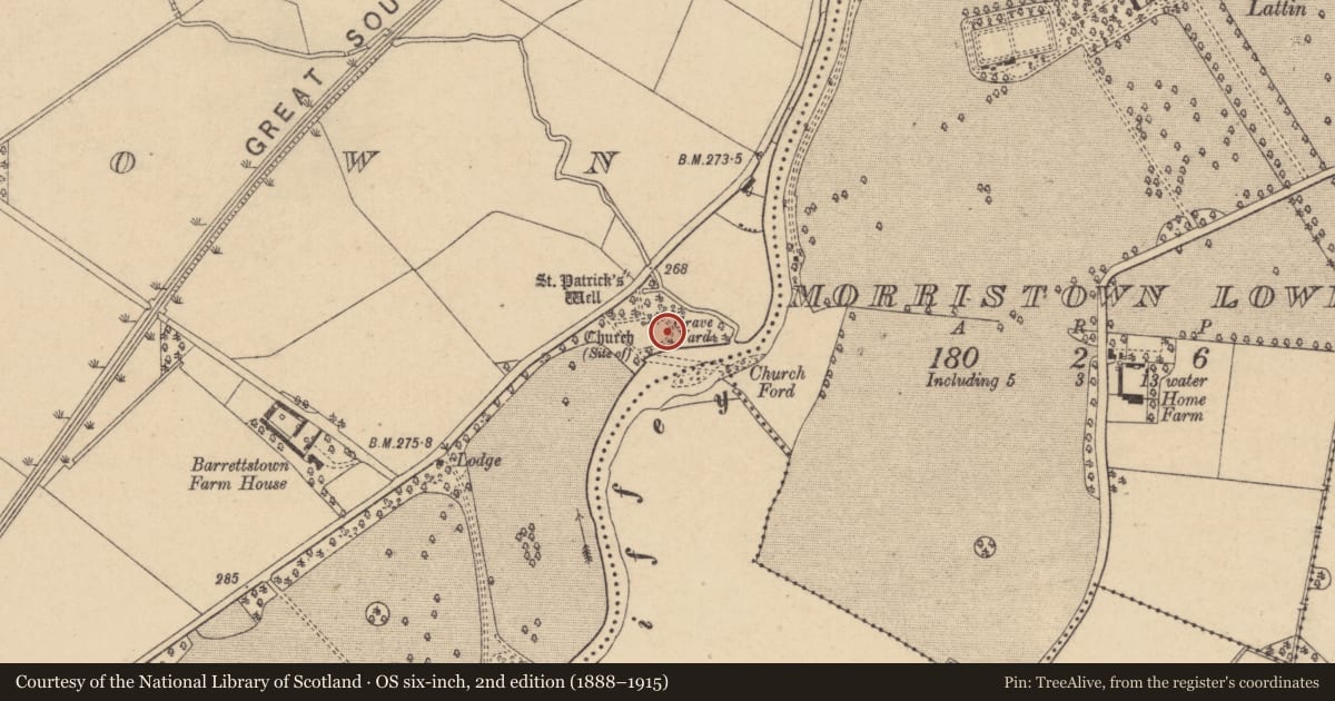 Ordnance Survey six-inch map, 2nd edition (1888–1915) covering the location of Graveyard, Barrettstown, County Kildare, with a pin at the register's coordinates