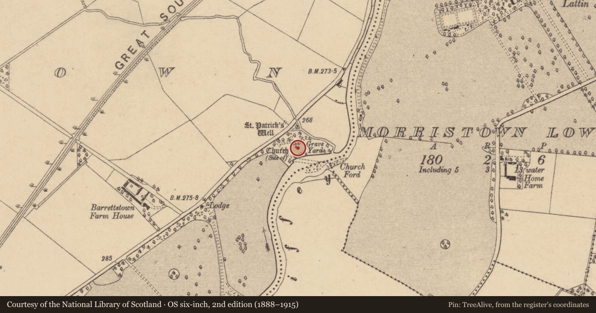 Ordnance Survey six-inch map, 2nd edition (1888–1915) covering the location of Ecclesiastical enclosure, Barrettstown, County Kildare, with a pin at the register's coordinates