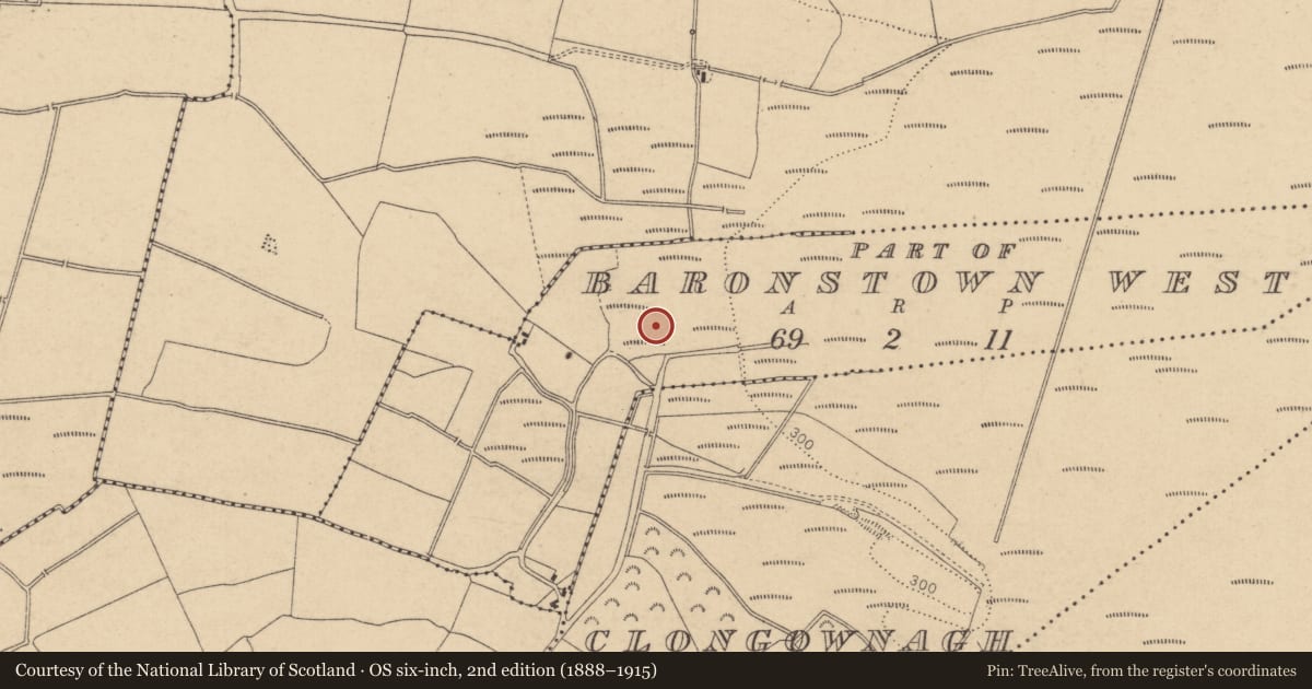 Ordnance Survey six-inch map, 2nd edition (1888–1915) covering the location of Burial, Baronstown West (Detached portion), County Kildare, with a pin at the register's coordinates