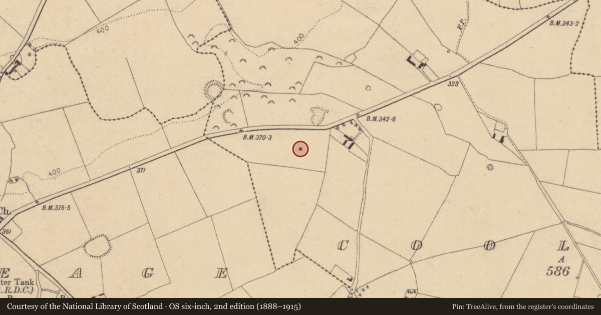 Ordnance Survey six-inch map, 2nd edition (1888–1915) covering the location of Enclosure, Coolaght, County Kildare, with a pin at the register's coordinates