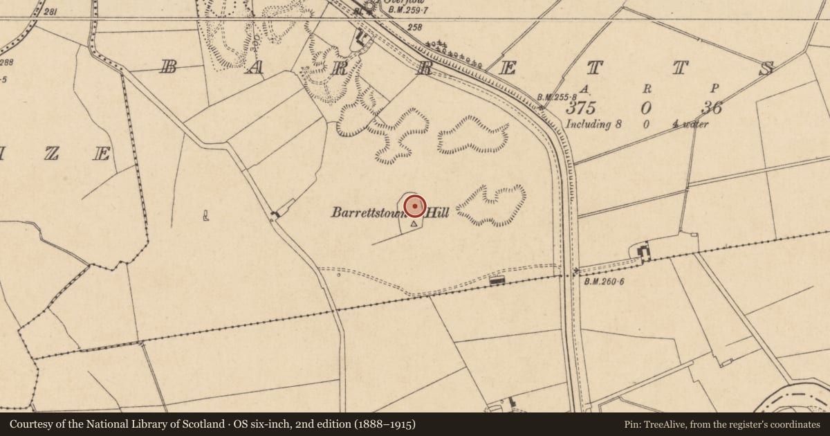 Ordnance Survey six-inch map, 2nd edition (1888–1915) covering the location of Barrow - ring-barrow, Barrettstown, County Kildare, with a pin at the register's coordinates