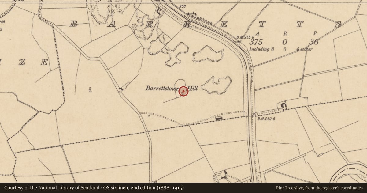 Ordnance Survey six-inch map, 2nd edition (1888–1915) covering the location of Barrow - stepped barrow, Barrettstown, County Kildare, with a pin at the register's coordinates
