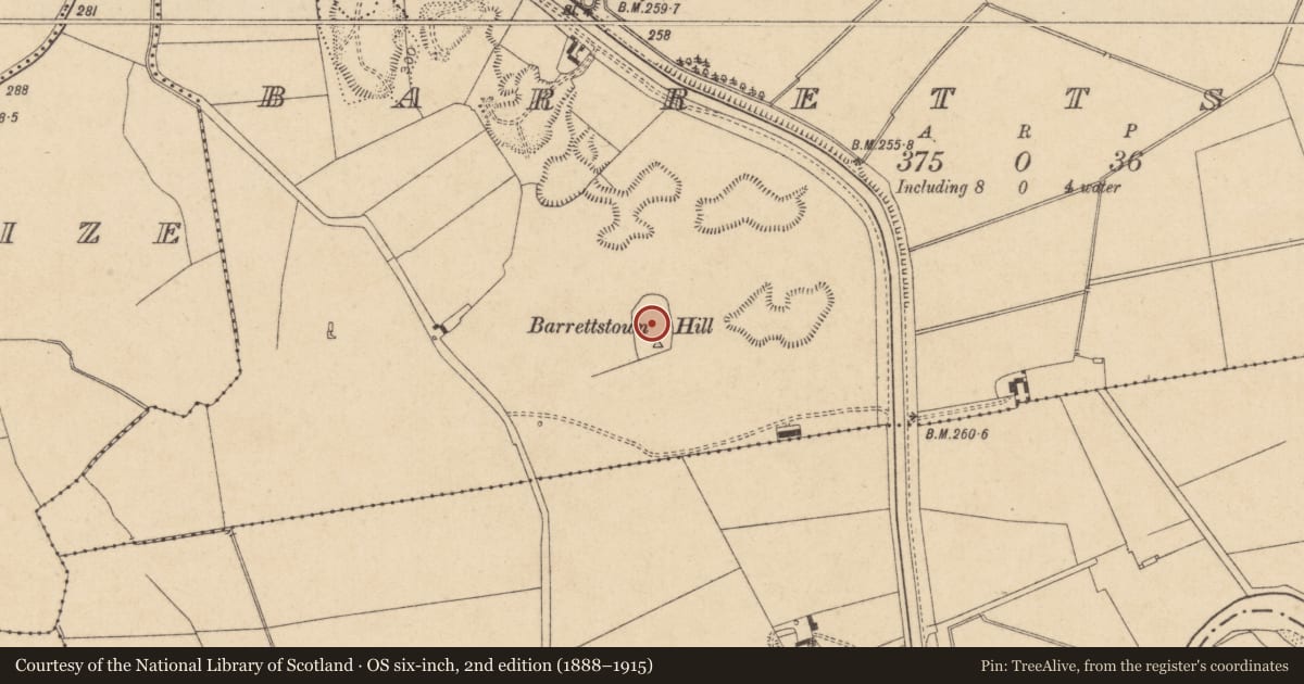 Ordnance Survey six-inch map, 2nd edition (1888–1915) covering the location of Enclosure, Barrettstown, County Kildare, with a pin at the register's coordinates