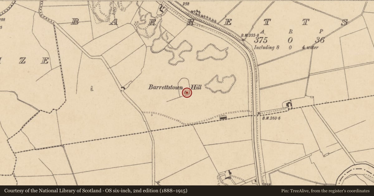 Ordnance Survey six-inch map, 2nd edition (1888–1915) covering the location of Barrow - unclassified, Barrettstown, County Kildare, with a pin at the register's coordinates