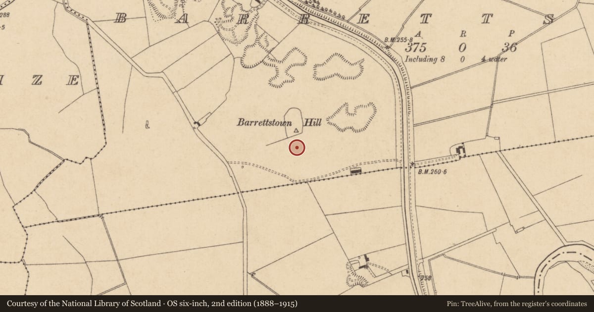 Ordnance Survey six-inch map, 2nd edition (1888–1915) covering the location of Barrow - unclassified, Barrettstown, County Kildare, with a pin at the register's coordinates