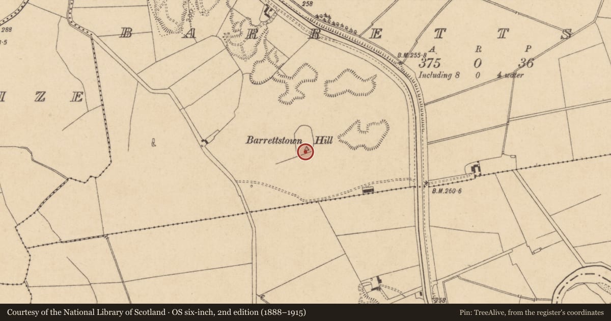 Ordnance Survey six-inch map, 2nd edition (1888–1915) covering the location of Barrow - unclassified, Barrettstown, County Kildare, with a pin at the register's coordinates