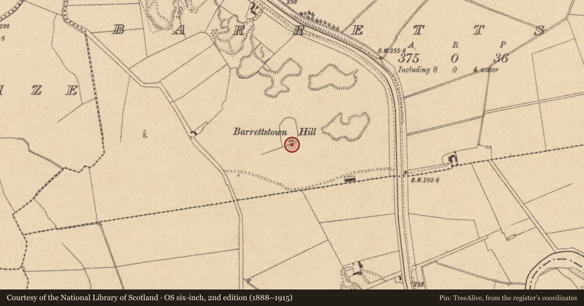 Ordnance Survey six-inch map, 2nd edition (1888–1915) covering the location of Barrow - unclassified, Barrettstown, County Kildare, with a pin at the register's coordinates