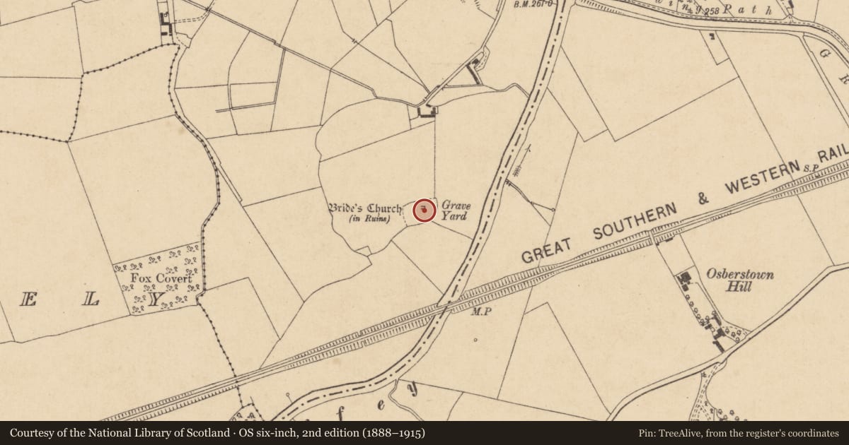 Ordnance Survey six-inch map, 2nd edition (1888–1915) covering the location of Church, Waterstown, County Kildare, with a pin at the register's coordinates