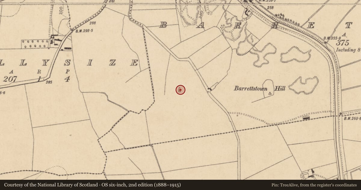Ordnance Survey six-inch map, 2nd edition (1888–1915) covering the location of Castle - tower house, Barrettstown, County Kildare, with a pin at the register's coordinates