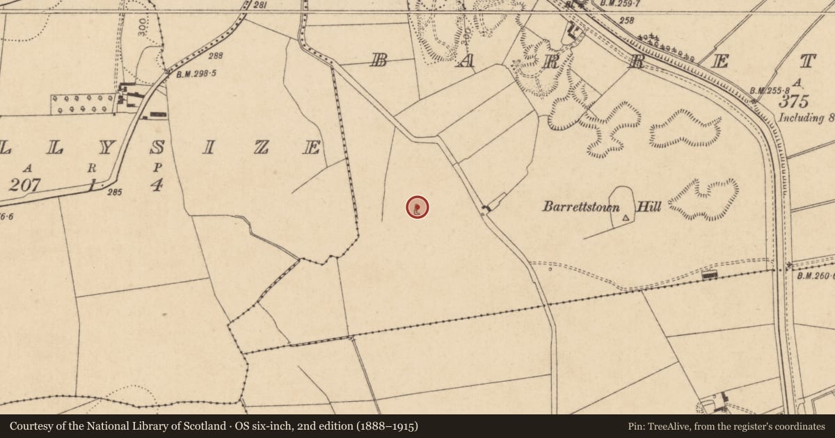 Ordnance Survey six-inch map, 2nd edition (1888–1915) covering the location of House - fortified house, Barrettstown, County Kildare, with a pin at the register's coordinates