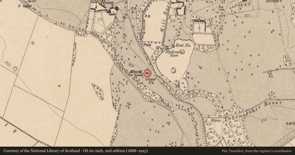 Ordnance Survey six-inch map, 2nd edition (1888–1915) covering the location of Church, Kerdiffstown, County Kildare, with a pin at the register's coordinates