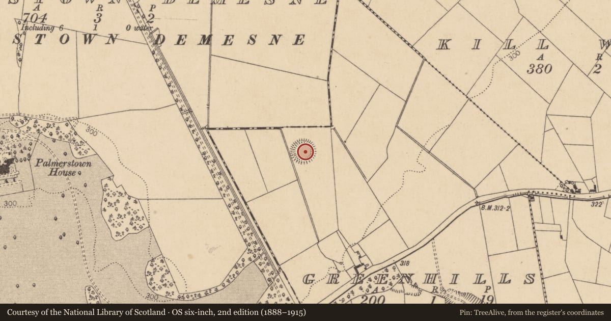 Ordnance Survey six-inch map, 2nd edition (1888–1915) covering the location of Enclosure, Greenhills, County Kildare, with a pin at the register's coordinates