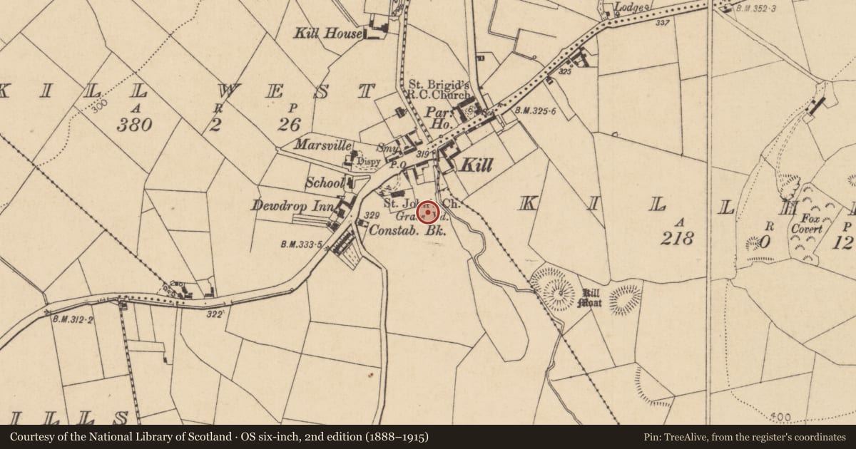 Ordnance Survey six-inch map, 2nd edition (1888–1915) covering the location of Settlement deserted - medieval, County Kildare, with a pin at the register's coordinates