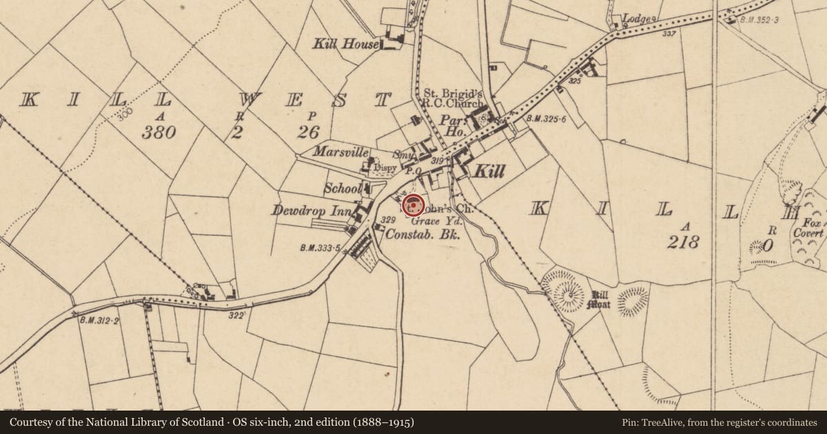 Ordnance Survey six-inch map, 2nd edition (1888–1915) covering the location of Ecclesiastical site, Kill West, County Kildare, with a pin at the register's coordinates