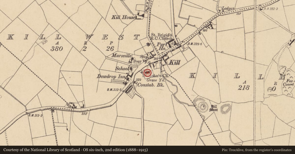 Ordnance Survey six-inch map, 2nd edition (1888–1915) covering the location of Church, Kill West, County Kildare, with a pin at the register's coordinates