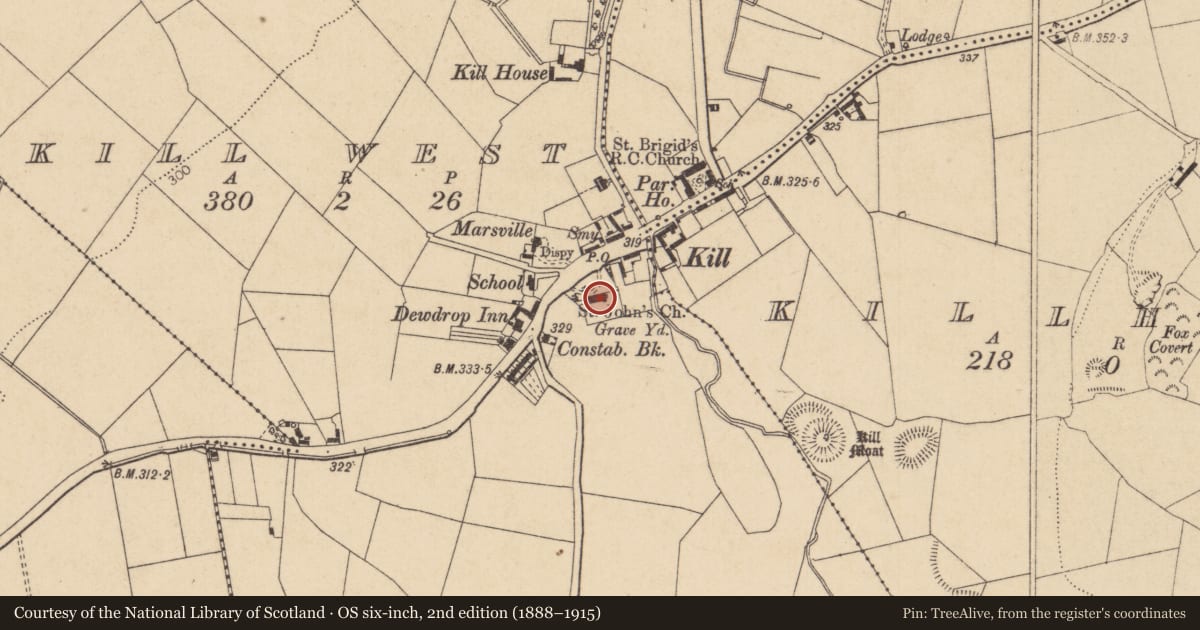 Ordnance Survey six-inch map, 2nd edition (1888–1915) covering the location of Ecclesiastical enclosure, Kill West, County Kildare, with a pin at the register's coordinates