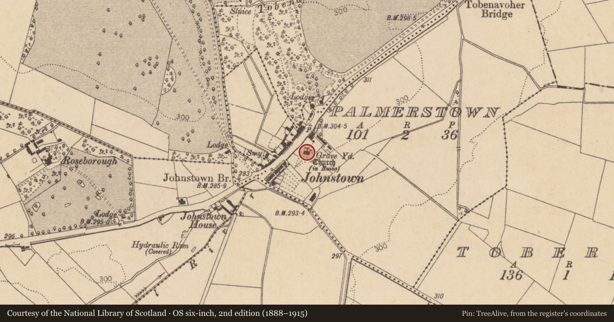 Ordnance Survey six-inch map, 2nd edition (1888–1915) covering the location of Graveslab, Palmerstown, County Kildare, with a pin at the register's coordinates
