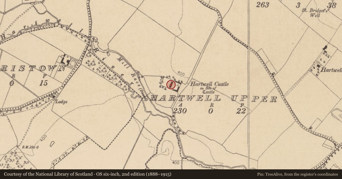 Ordnance Survey six-inch map, 2nd edition (1888–1915) covering the location of Bawn, Hartwell Upper, County Kildare, with a pin at the register's coordinates