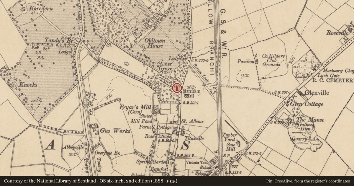 Ordnance Survey six-inch map, 2nd edition (1888–1915) covering the location of Ritual site - holy well, Oldtown Demesne, County Kildare, with a pin at the register's coordinates