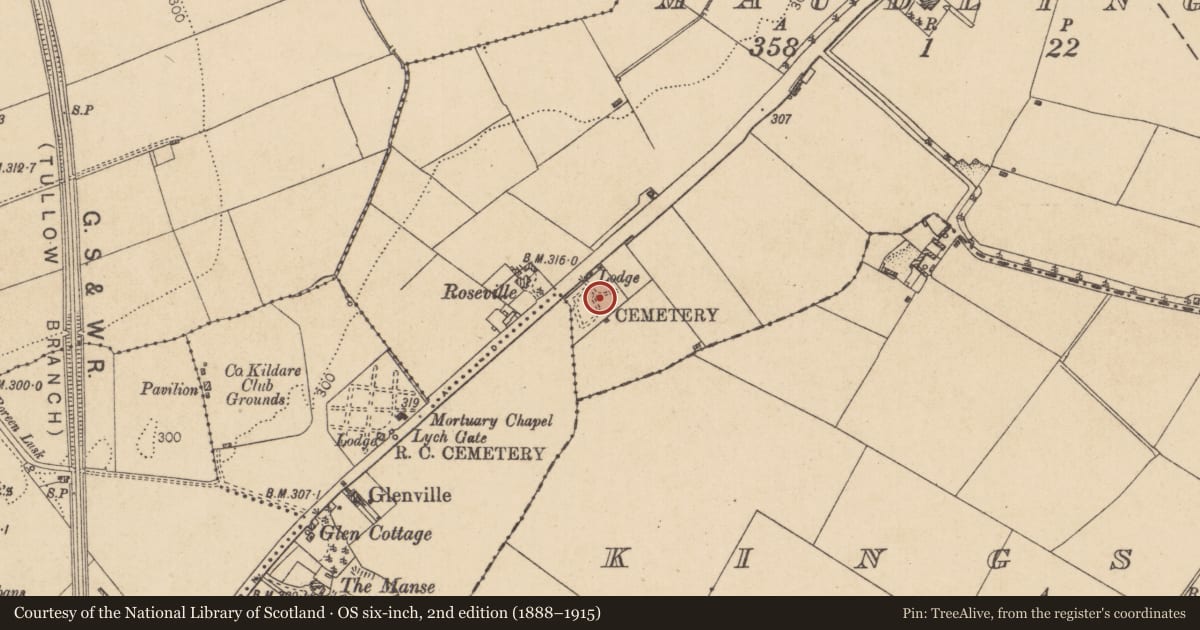 Ordnance Survey six-inch map, 2nd edition (1888–1915) covering the location of Burial ground, Maudlings, County Kildare, with a pin at the register's coordinates