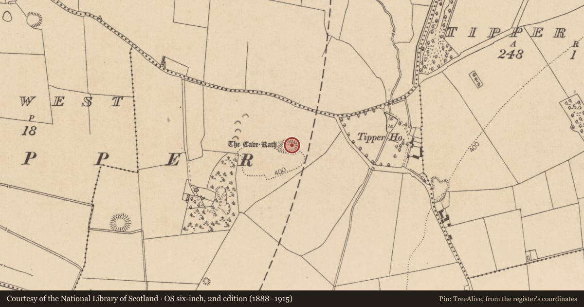 Ordnance Survey six-inch map, 2nd edition (1888–1915) covering the location of Souterrain, Tipper South, County Kildare, with a pin at the register's coordinates