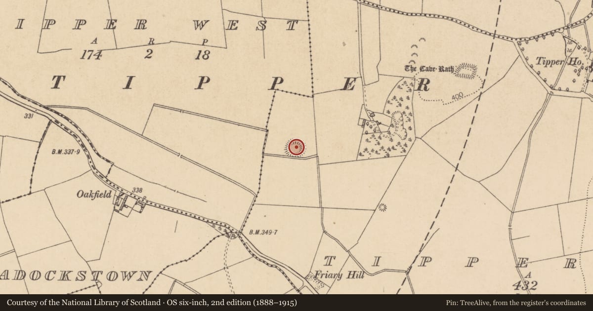 Ordnance Survey six-inch map, 2nd edition (1888–1915) covering the location of Ringfort - rath, Tipper South, County Kildare, with a pin at the register's coordinates