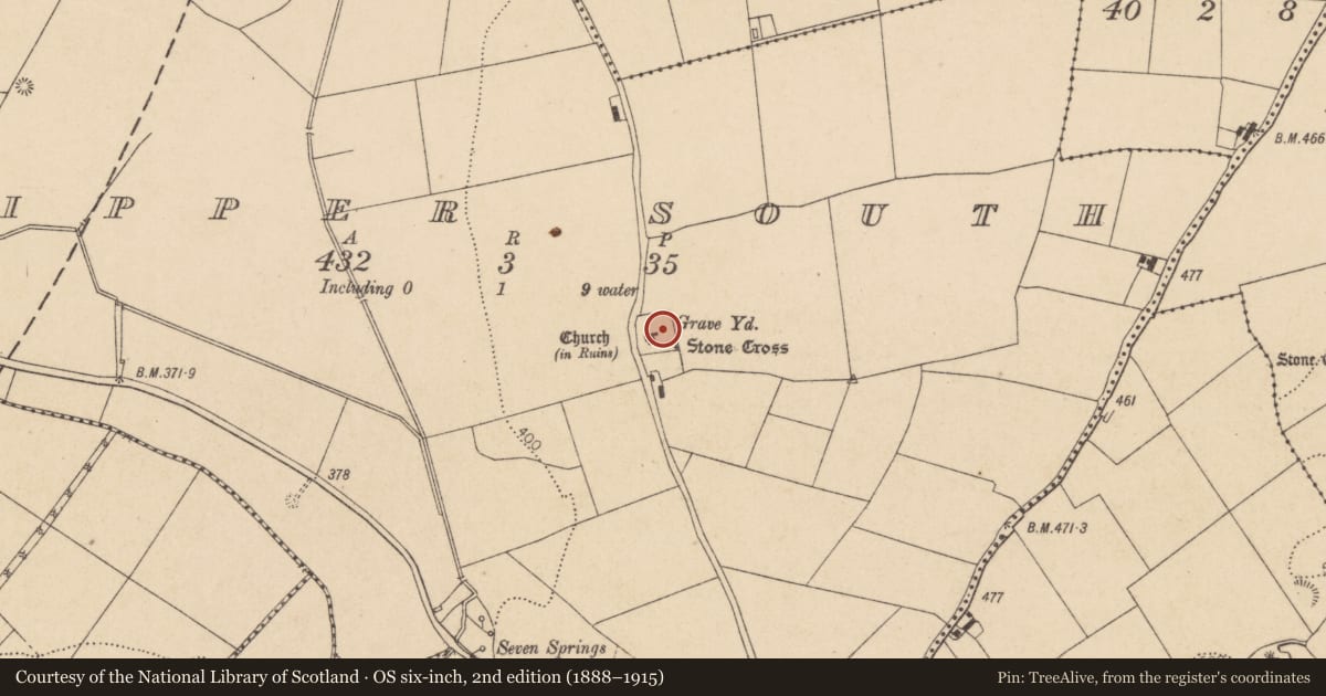 Ordnance Survey six-inch map, 2nd edition (1888–1915) covering the location of Graveyard, Tipper South, County Kildare, with a pin at the register's coordinates