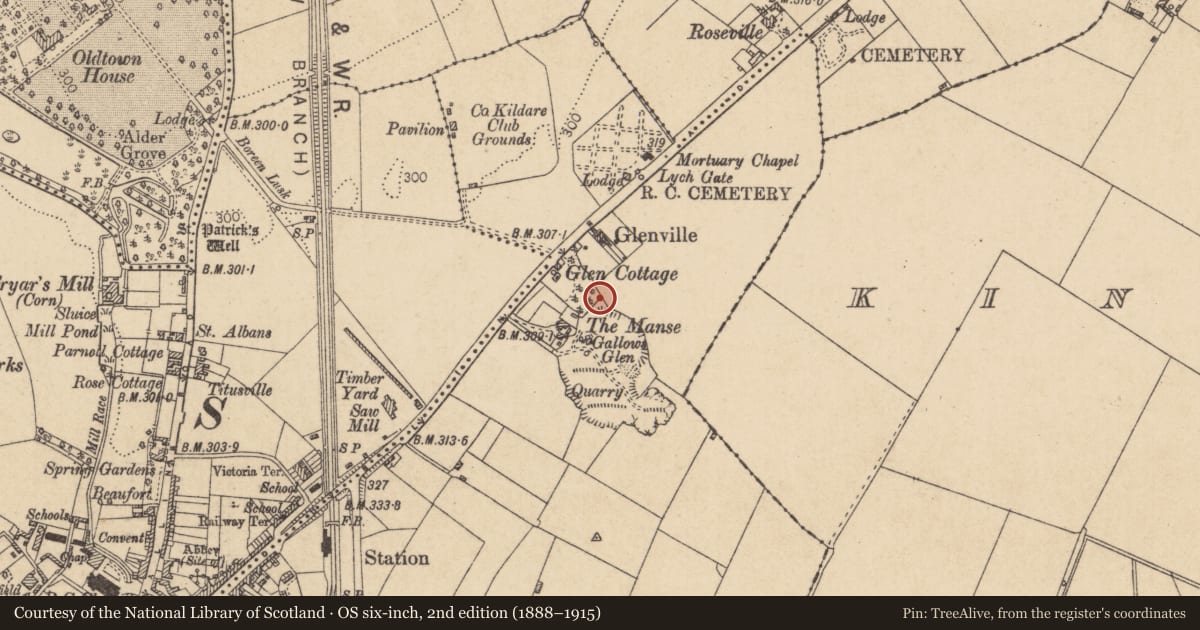 Ordnance Survey six-inch map, 2nd edition (1888–1915) covering the location of Burial, Naas East, County Kildare, with a pin at the register's coordinates