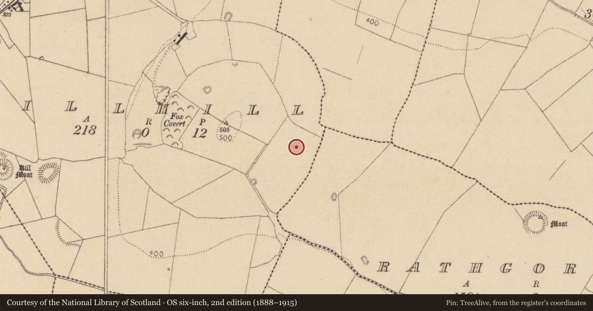 Ordnance Survey six-inch map, 2nd edition (1888–1915) covering the location of Enclosure, Killhill, County Kildare, with a pin at the register's coordinates