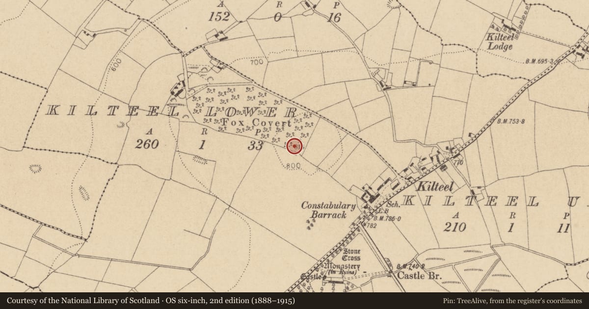 Ordnance Survey six-inch map, 2nd edition (1888–1915) covering the location of Barrow - ring-barrow, Kilteel Lower, County Kildare, with a pin at the register's coordinates