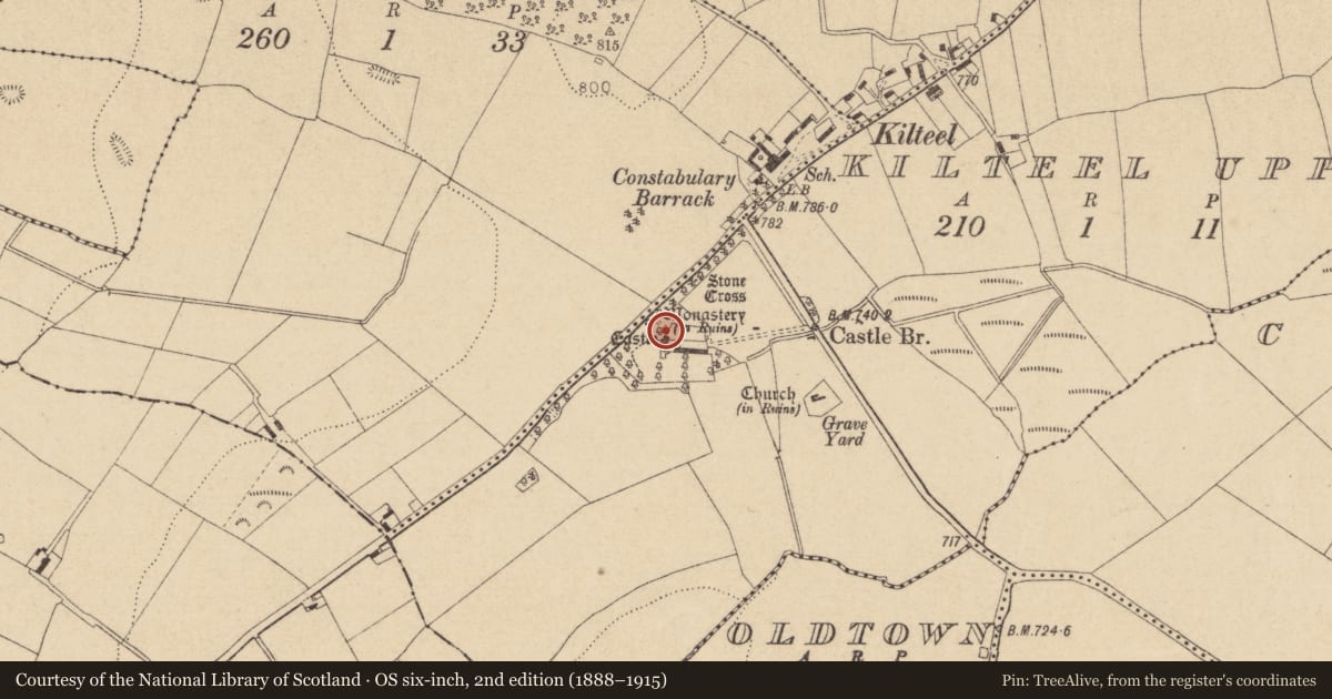 Ordnance Survey six-inch map, 2nd edition (1888–1915) covering the location of Castle - tower house, Kilteel Upper, County Kildare, with a pin at the register's coordinates